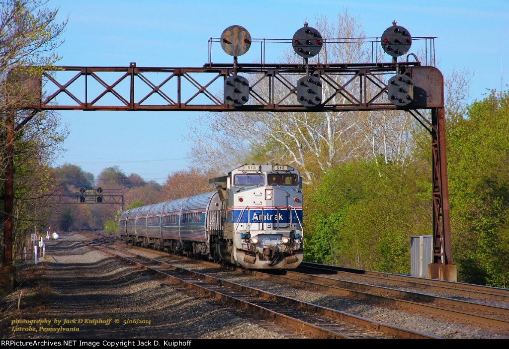 Amtrak P32-8WH 513, with eastbound 42, the Pennsylvanian, on the NS Pittsburgh Mainline at Latrobe, Pennsylvania. May 6, 2014. 